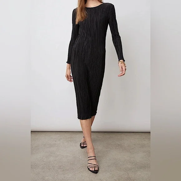 NWT Rails Jordy Midi Pleated Satin Long Sleeve Dress Black | XS - Picture 1 of 12